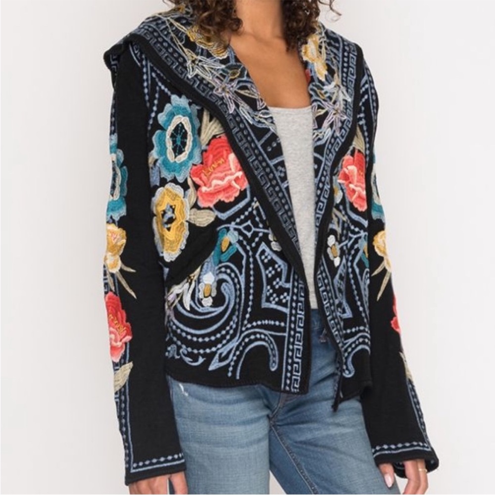 Johnny Was Biya Hooded Cardigan Jacket Wrap  Floral Embroidered Medium